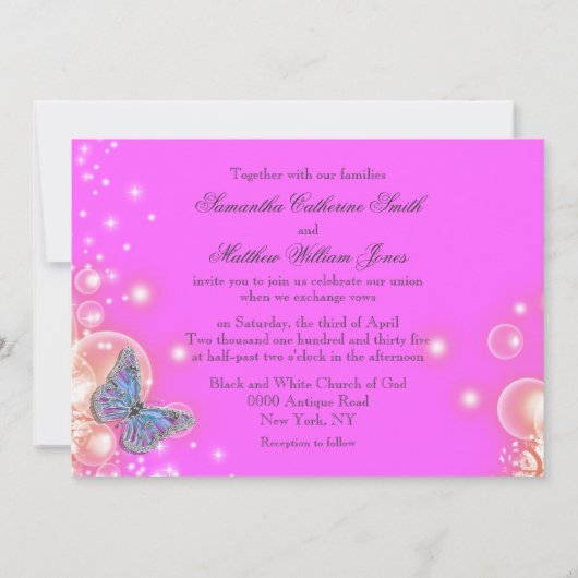 Roze paarse blauwe vlinder bruiloft kaart (Achterkant)