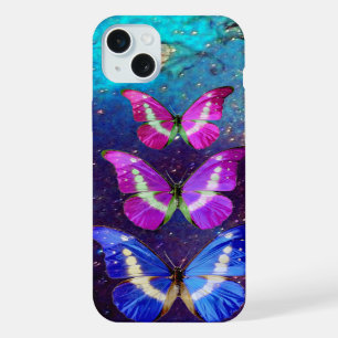 ROZE PAARSE BLAUWE VLINDERS IN GOUDEN GLINSTERING iPhone 15 PLUS CASE