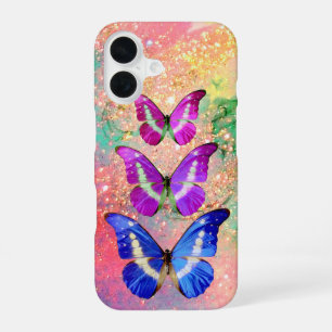 ROZE PAARSE BLAUWE VLINDERS IN GOUDEN SPROKKELS iPhone 16 HOESJE