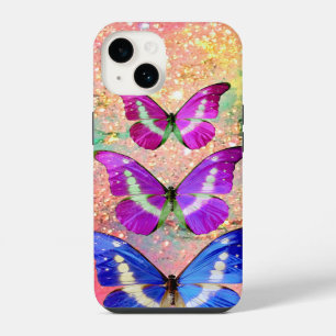 ROZE PAARSE BLAUWE VLINDERS IN GOUDEN SPROKKELS iPhone 14 HOESJE