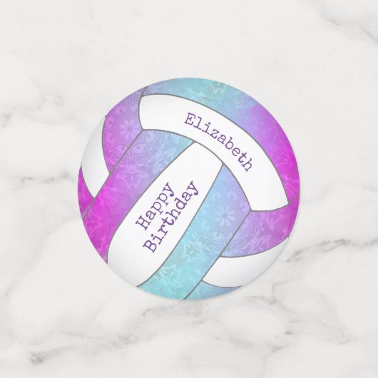 roze paarse blauwe volleybalverjaardag confetti (Kleine voorkant)