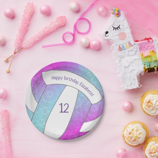 roze paarse blauwe volleybalverjaardag papieren bordje (Feest)