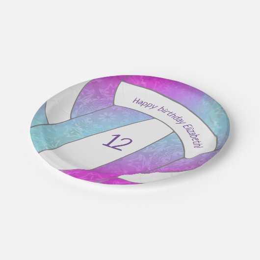 roze paarse blauwe volleybalverjaardag papieren bordje (Gekanteld)