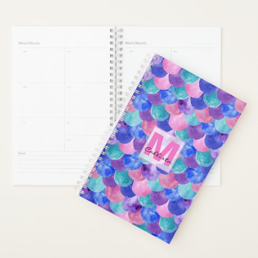 Roze Paarse blauwe Waterverf Zeemeermin monogram Planner (Display)