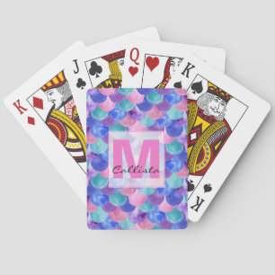 Roze Paarse blauwe Waterverf Zeemeermin monogram Pokerkaarten