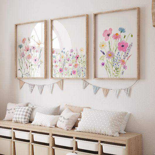 Roze Paarse Blauwe Wildflowers Kwekerij Muurkunst Sets