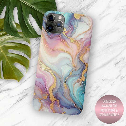 Roze Paarse Blauwgroen Aqua Blue Gold Marble Art P Case-Mate iPhone Case
