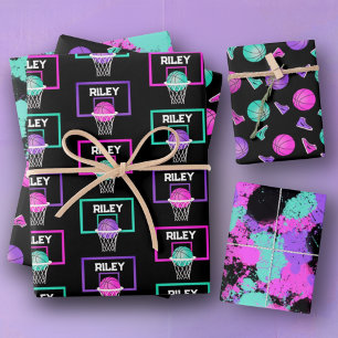 Roze Paarse Blauwgroen Basketbalverf Splatter Naam Inpakpapier Vel