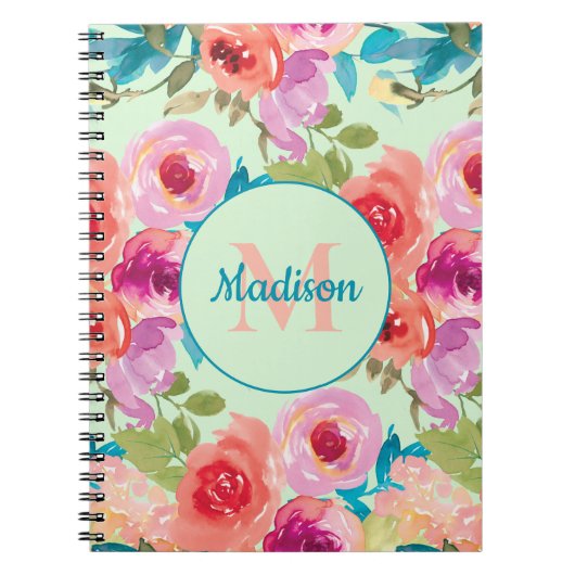 Roze Paarse Blauwgroen bladeren Mint Monogram Notitieboek (Voorkant)