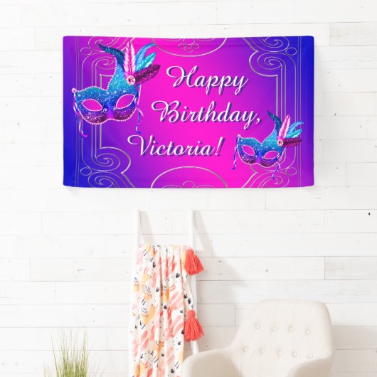 Roze Paarse Blauwgroen Blue Masquerade Verjaardags Spandoek (Insitu)