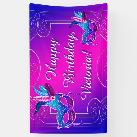 Roze Paarse Blauwgroen Blue Masquerade Verjaardags Spandoek (Verticaal)