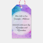 Roze, Paarse, Blauwgroen en blauwe Waterverf vlekk Cadeaulabel (Achterkant)