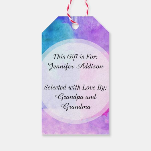 Roze, Paarse, Blauwgroen en blauwe Waterverf vlekk Cadeaulabel (Achterkant)