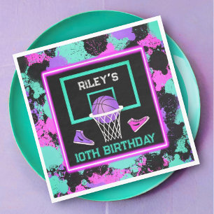 Roze Paarse Blauwgroen PaintSplatter Basketbal Ver Servet