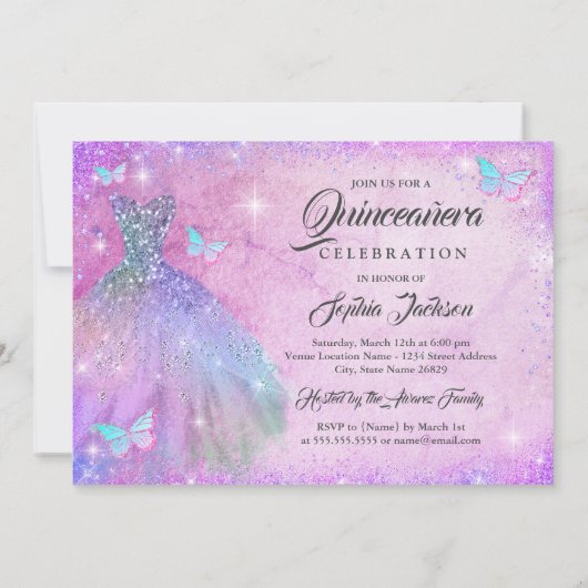 Roze Paarse Blauwgroen Sparkle Jurk Quinceanera Kaart (Achterkant)