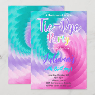 Roze Paarse Blauwgroen Tiedye Verjaardagsuitnodigi Kaart
