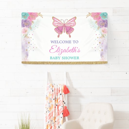 Roze Paarse Blauwgroen vlinder Meisjes Birthday We Spandoek (Insitu)