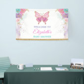 Roze Paarse Blauwgroen vlinder Meisjes Birthday We Spandoek (Beurs)