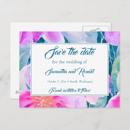 Roze Paarse Blauwgroen Waterverf Bruiloft Bewaar d Aankondigingskaart (Voorkant / Achterkant)