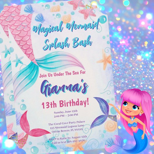 Roze Paarse Blauwgroen Zeemeermin Splash Verjaarda Kaart