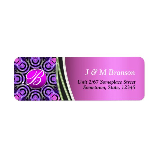 Roze Paarse Bling Monogram Adres Etiket (Voorkant)