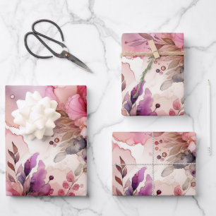 Roze & Paarse Bloem Alcohol Inkt Grote Print Inpakpapier Vel