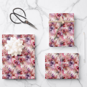 Roze & Paarse Bloem Alcohol Inkt Kleine Print Inpakpapier Vel