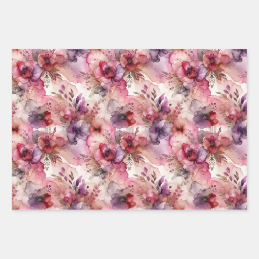 Roze & Paarse Bloem Alcohol Inkt Medium Print Inpakpapier Vel (Voorkant 2)