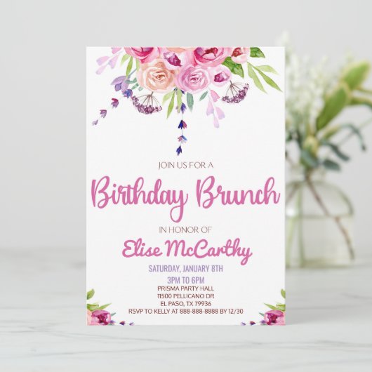 Roze Paarse bloem Birthday Brunch Partij Kaart (Staand voorkant)