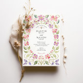 Roze & Paarse Bloem Blaadje Frame Trouw Kaart