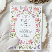 Roze & Paarse Bloem Blaadje Frame Trouw Kaart