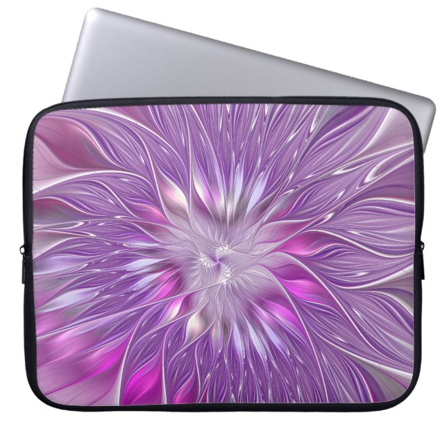 Roze Paarse Bloem Passie Abstracte Fractale Kunst Laptop Sleeve (Voorkant)