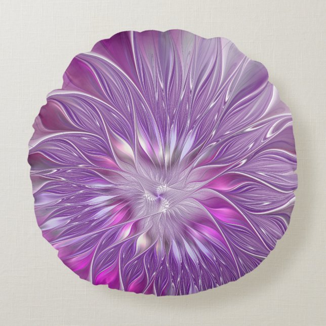 Roze Paarse Bloem Passie Abstracte Fractale Kunst Rond Kussen (Voorkant)