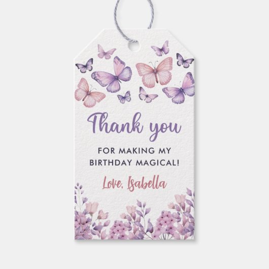 Roze Paarse Bloem Vlinder Meisje Verjaardag Cadeaulabel (Voorkant)