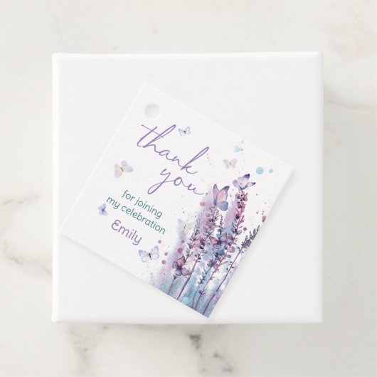 Roze paarse bloem vlinder verjaardag dank u bedankjes labels (In situ)