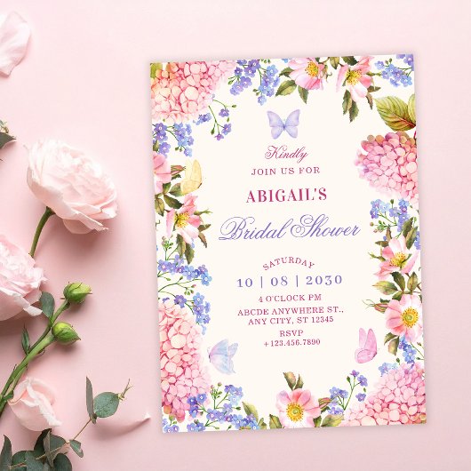 Roze paarse bloem vlinders bruidsdouche kaart