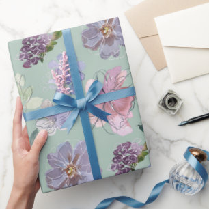 Roze Paarse bloemblaadjes Mint Groene achtergrond Cadeaupapier