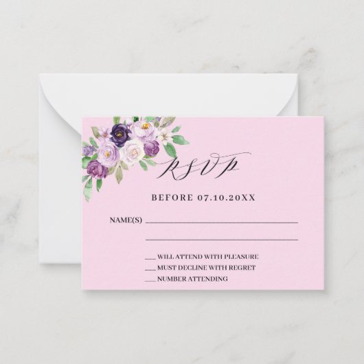 Roze paarse bloemblaadjes trouwreactie RSVP Notitiekaartje (Voorkant)