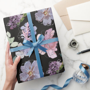 Roze Paarse Bloemblaadjes Zwarte Achtergrond Cadeaupapier