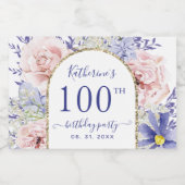 Roze Paarse Bloemen 100ste Verjaardagsfeest Sparkling Wijnetiket (Enkel label)