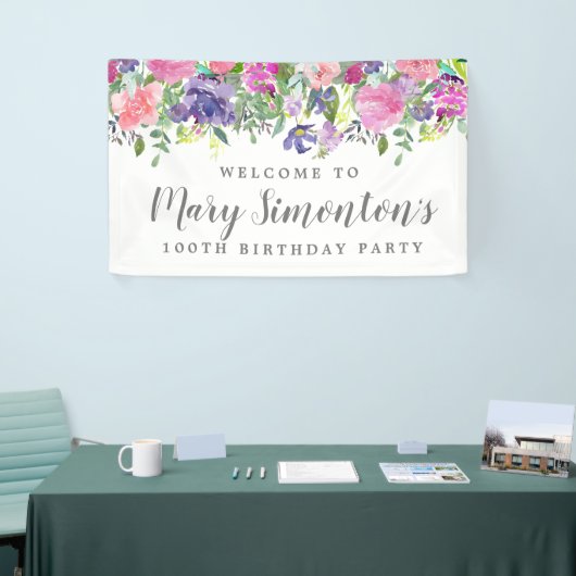 Roze Paarse Bloemen 100ste Verjaardagsfeest Welkom Spandoek (Beurs)