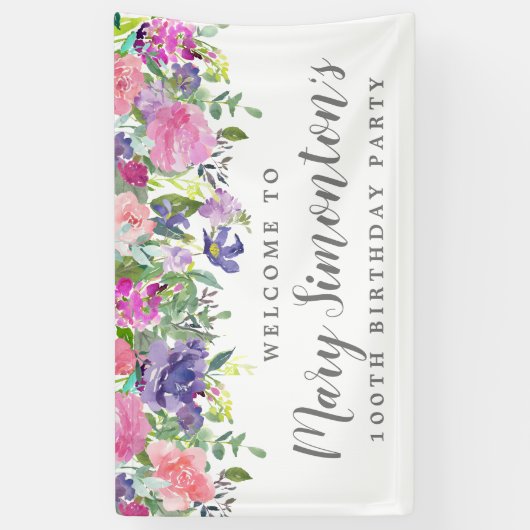 Roze Paarse Bloemen 100ste Verjaardagsfeest Welkom Spandoek (Verticaal)