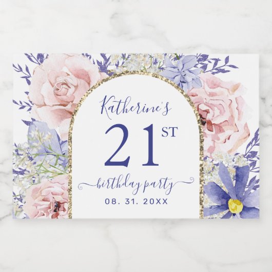 Roze Paarse Bloemen 21ste Verjaardagsfeest Sparkling Wijnetiket (Enkel label)