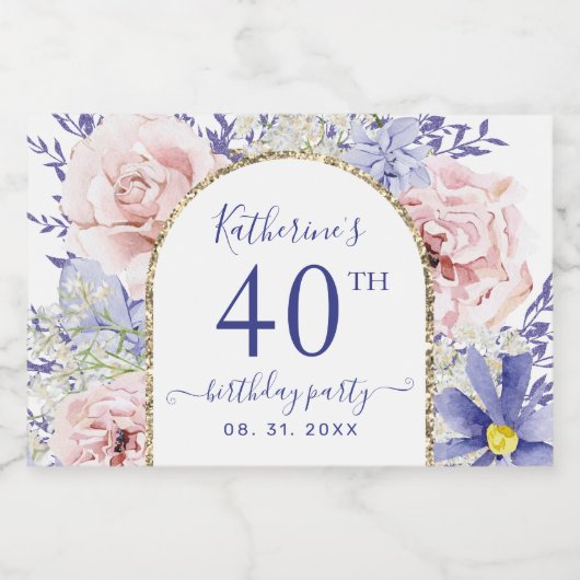 Roze Paarse Bloemen 40ste Verjaardagsfeest Sparkling Wijnetiket (Enkel label)