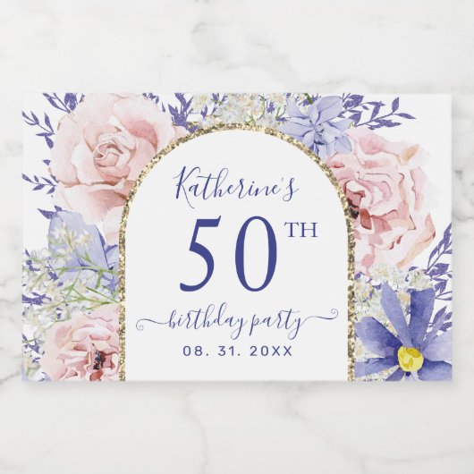 Roze Paarse Bloemen 50ste Verjaardagsfeest Sparkling Wijnetiket (Enkel label)