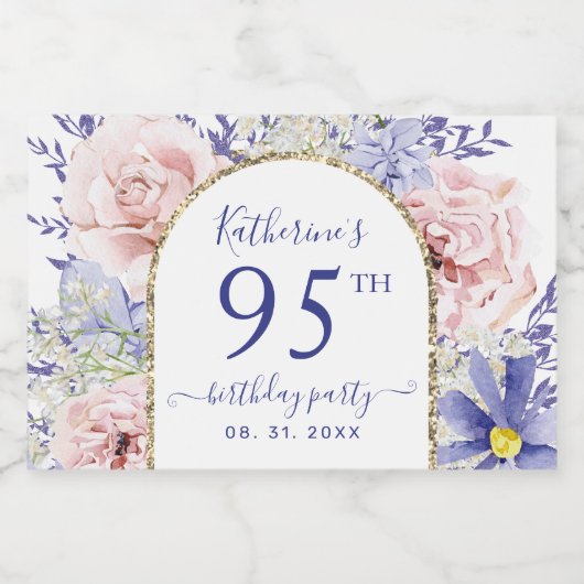 Roze Paarse Bloemen 95ste Verjaardagsfeest Sparkling Wijnetiket (Enkel label)