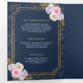 Roze Paarse Bloemen Alles in Een Crest Navy Weddin Drieluik Uitnodiging (Binnenzijde eerst)