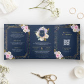 Roze Paarse Bloemen Alles in Een Crest Navy Weddin Drieluik Uitnodiging