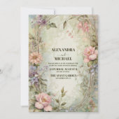  Roze Paarse Bloemen Art Nouveau Bruiloft Kaart (Voorkant)