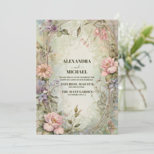  Roze Paarse Bloemen Art Nouveau Bruiloft Kaart (Staand voorkant)